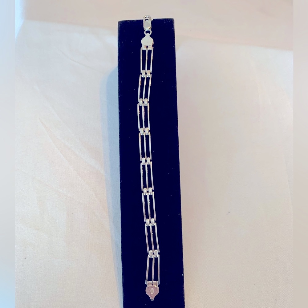 Sterling Silver 925 3 Bar Link Bracelet With Secure Lobster Claw 7”